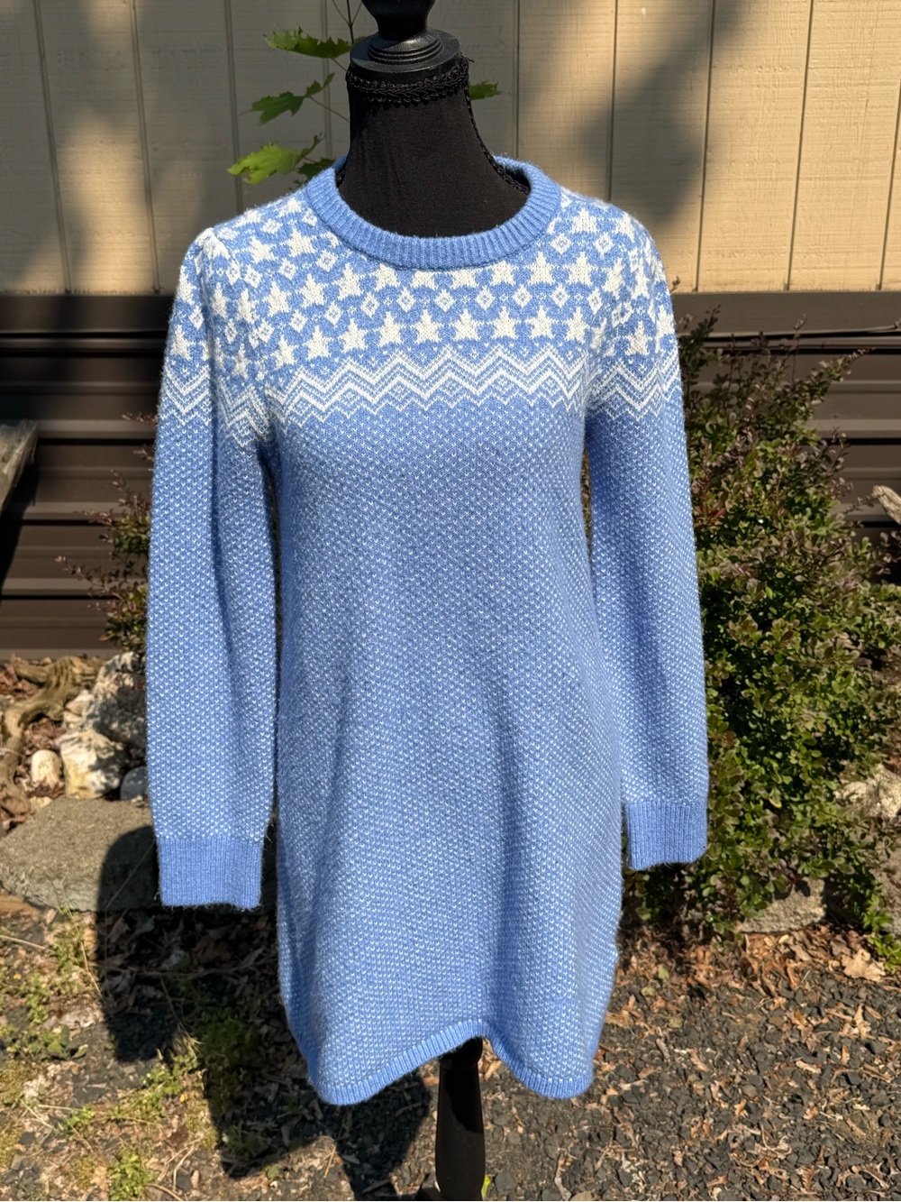Light Blue Fair Isle Crewneck Sweater Dress - Women